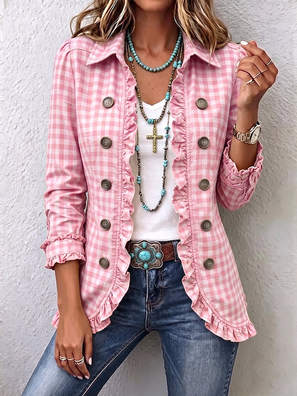 Chaqueta de cuadros vichy con volantes