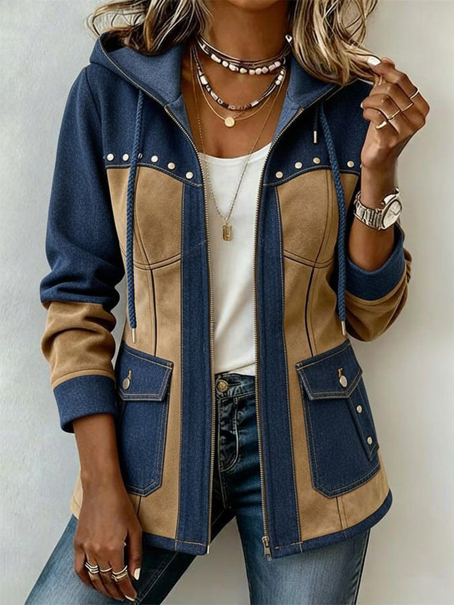 Chaqueta con capucha en marino y camel