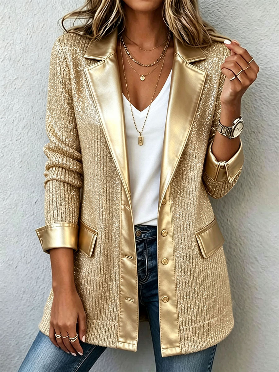 Blazer de punto dorado con ribetes de polipiel