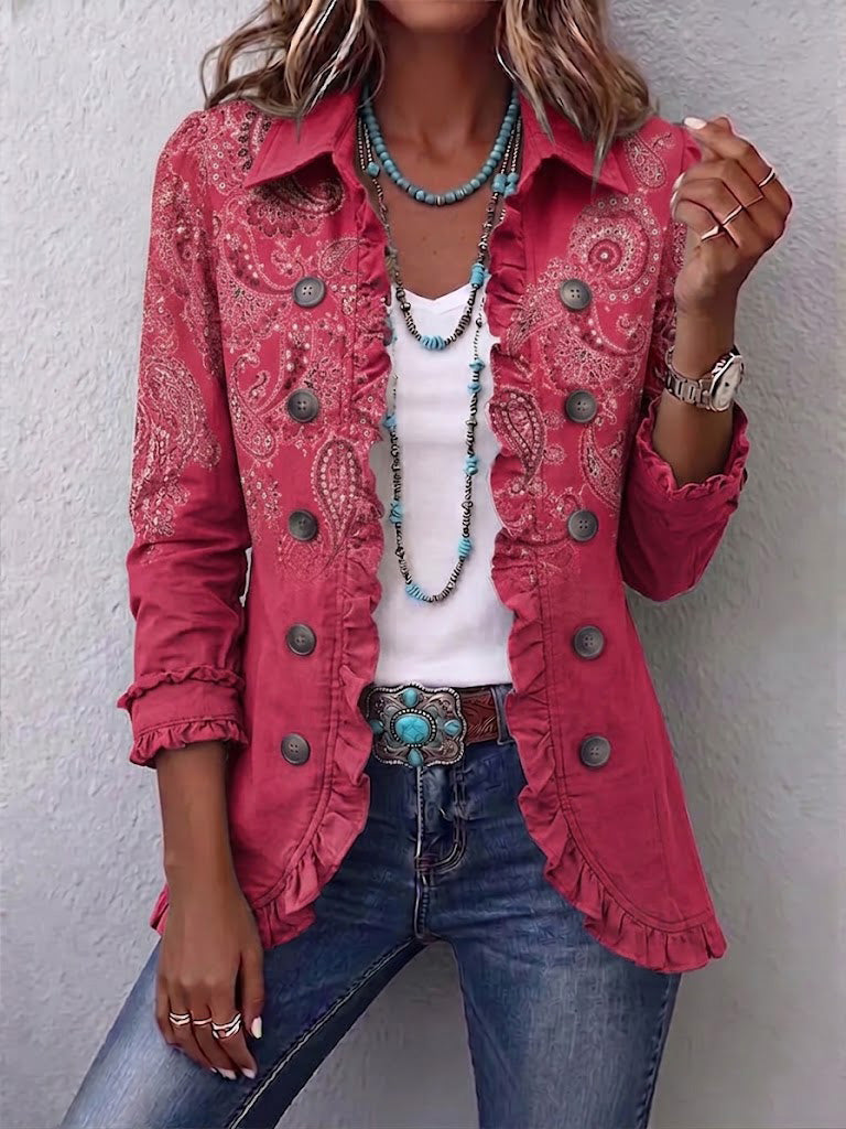 Chaqueta cachemira rosa con volantes