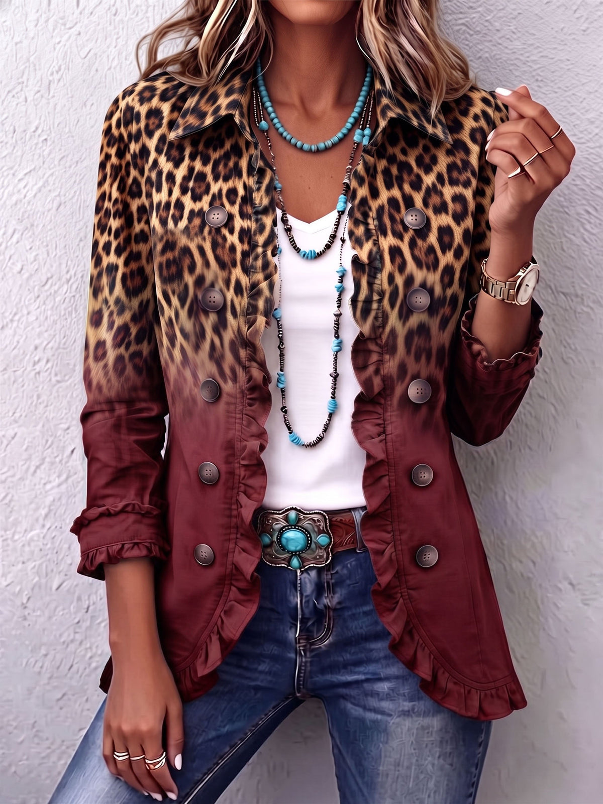 Bernarda · Blazer de leopardo vino con volantes