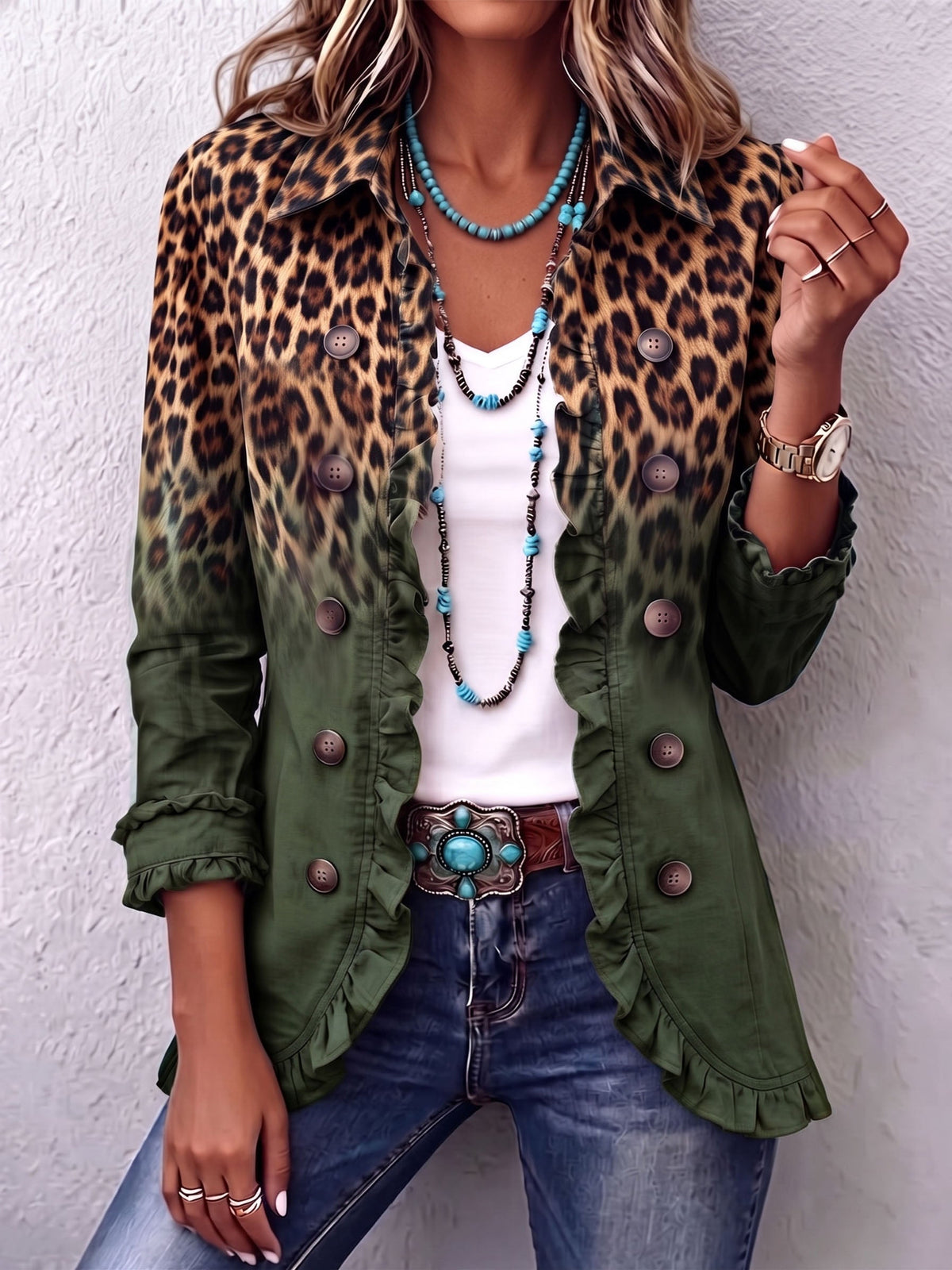Chaqueta blazer leopardo degradado con volantes